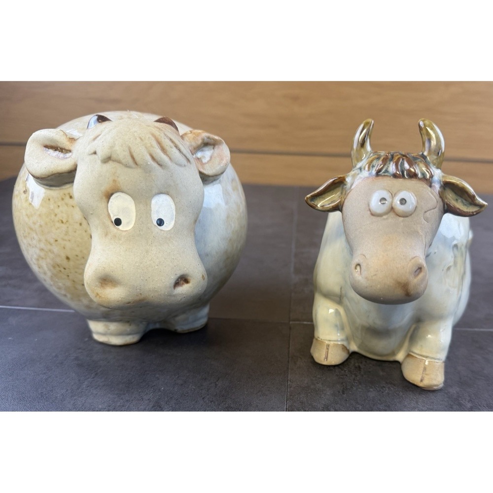 Pair of Handmade Art Pottery Whimsical Cow Bulls Figurine